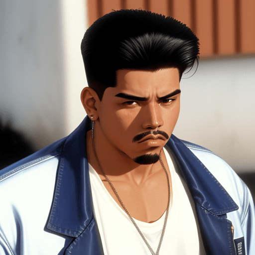 AI generated: A 1990’s type Los Angeles gangster from a Latino background. Gangster look, west coast Latino boy