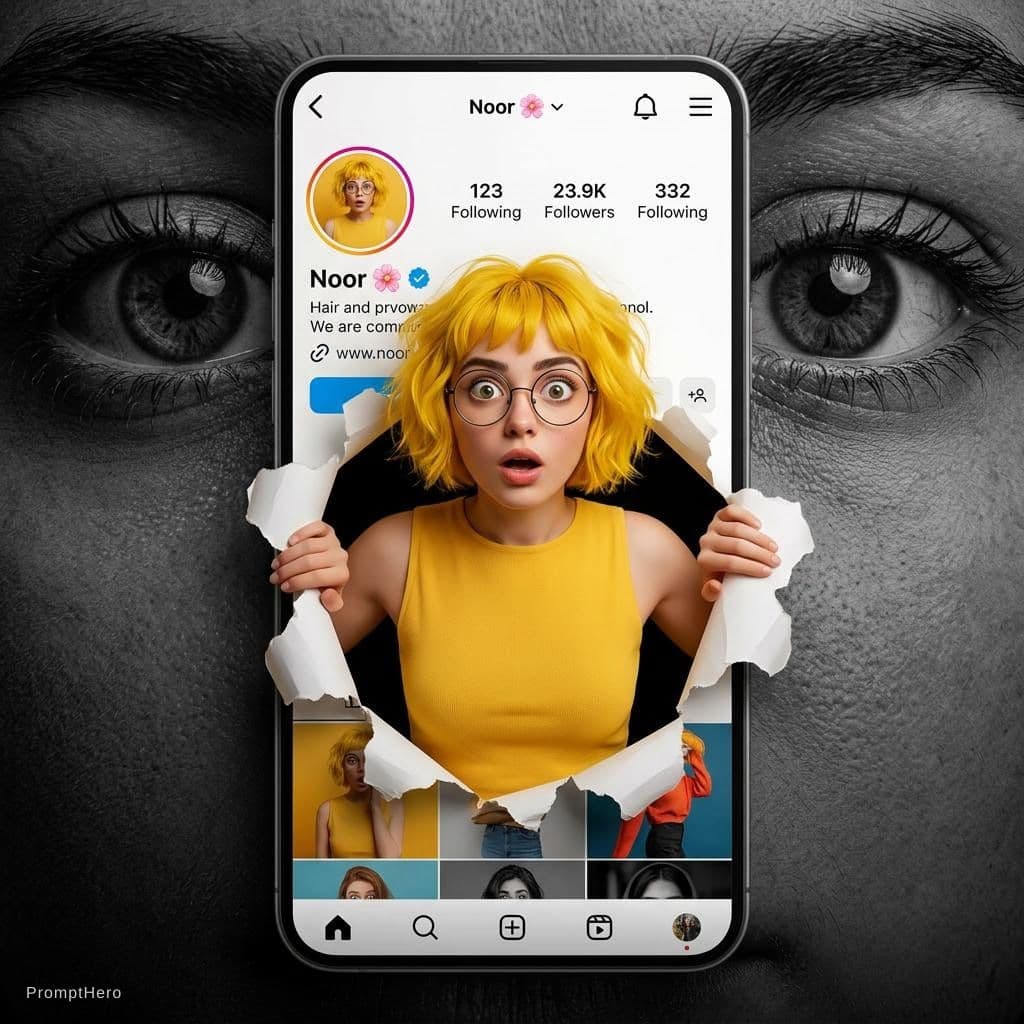 AI generated: A creative 3D photo manipulation of a social media profile interface, featuring a surprised young wo...