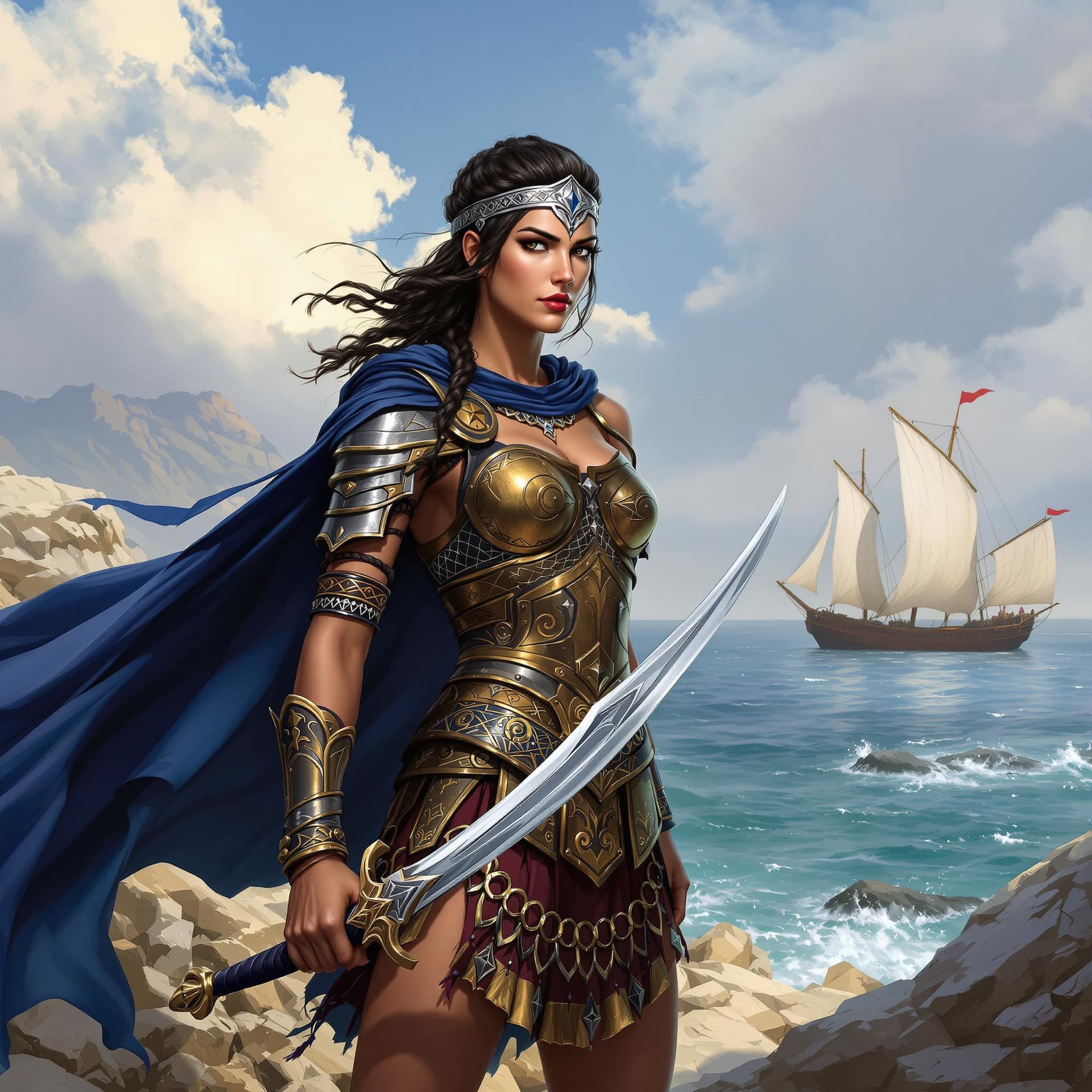 AI generated: a digital painting of Queen Teuta of Illyria stands on the rocky shore, watching Roman ships approac...