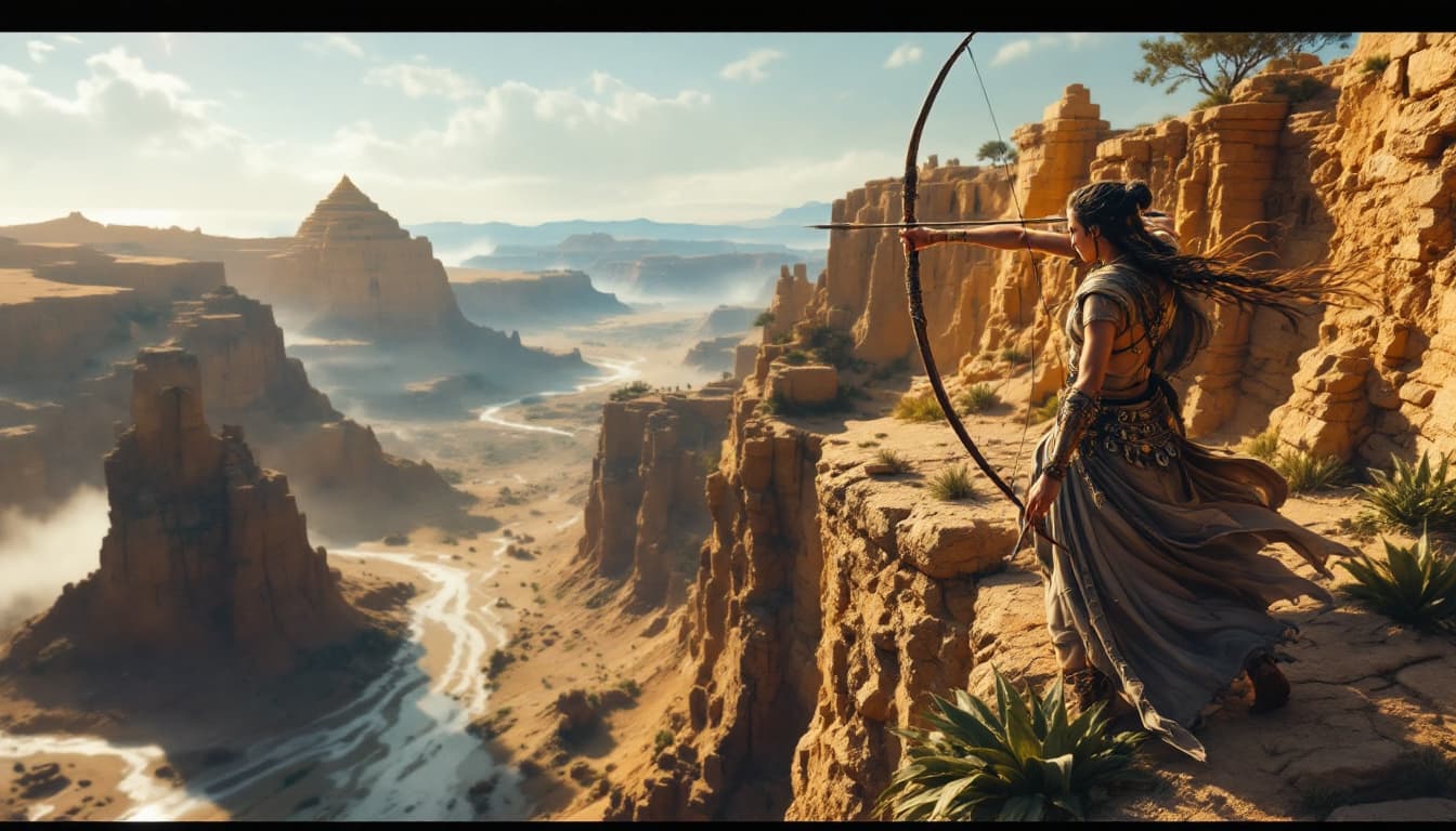 AI generated: Ultra-realistic.High-angle shot of Yutab shooting arrows from atop a cliff, her arrows landing with ...