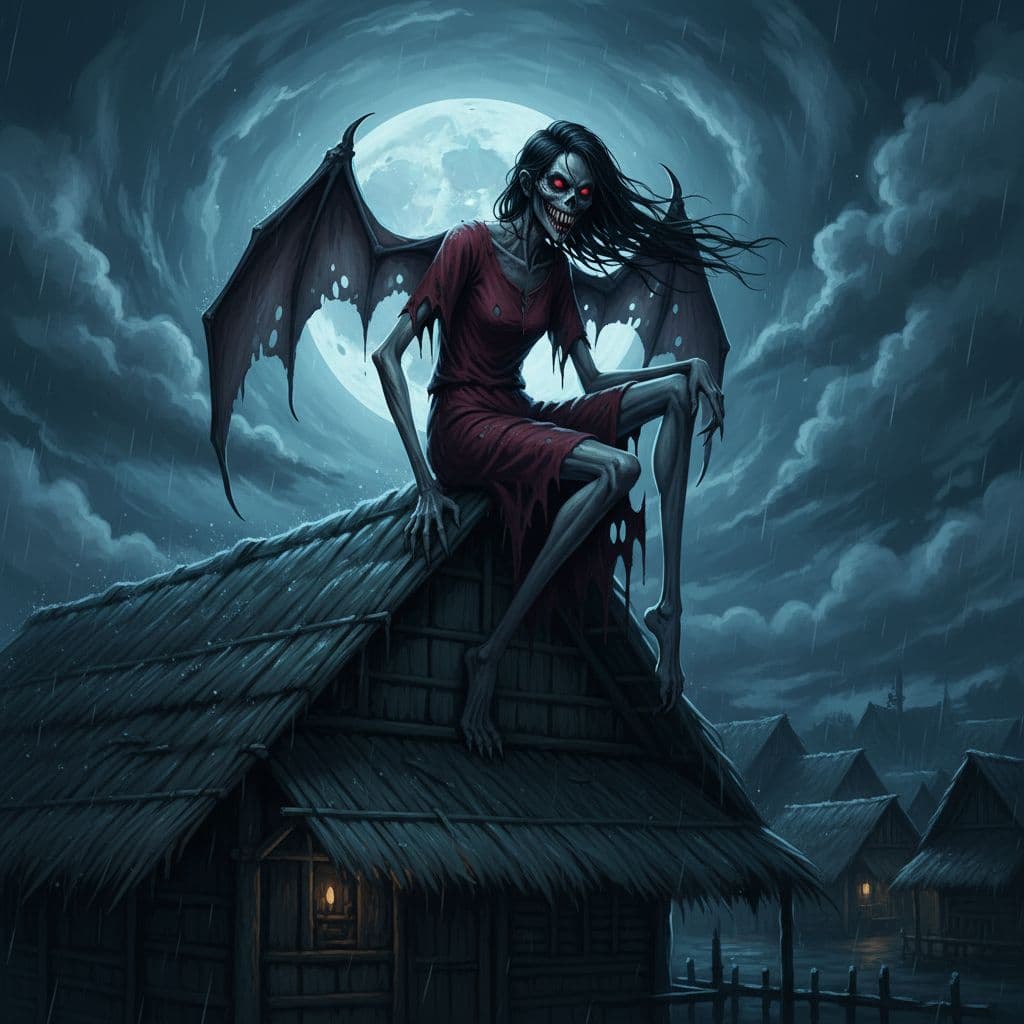 AI generated: Aswang, female scary creature with fangs, at the roof of a house, full moon in the background, dark,...