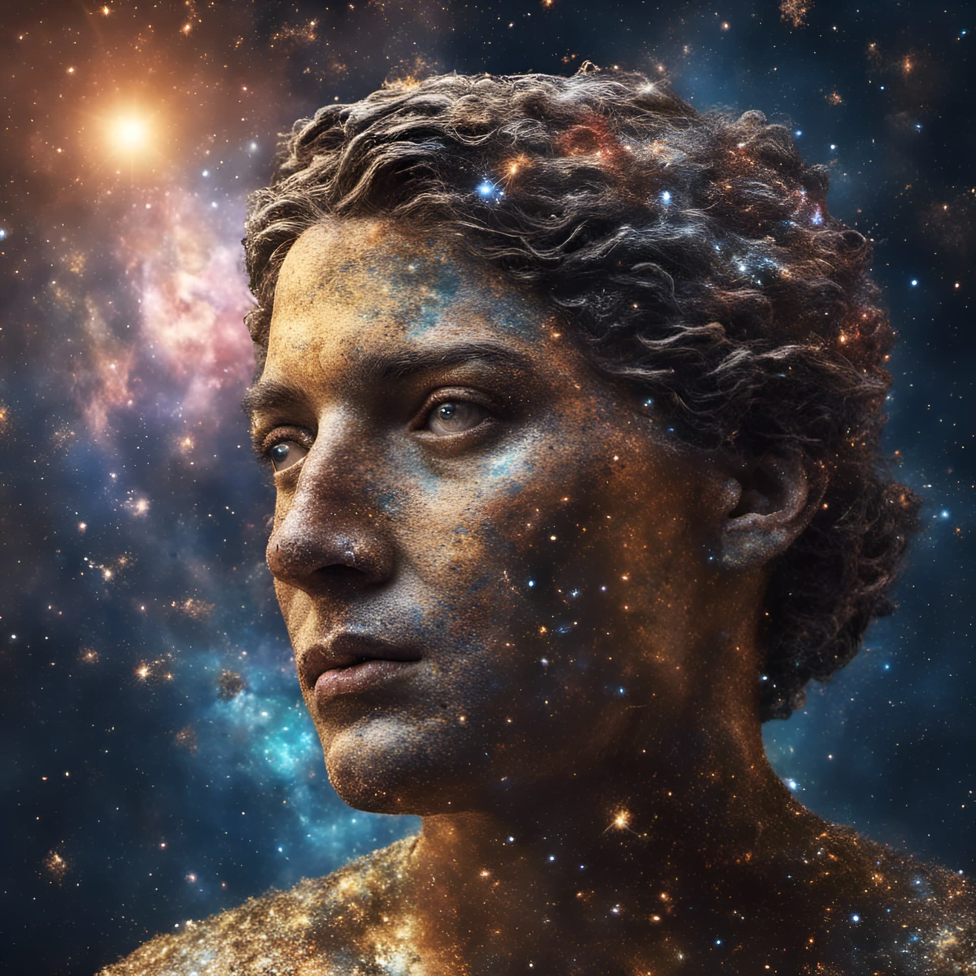 AI generated: Thousands of tiny stars in space create a greek portrait, galaxies, multiverse, planets, --ar 2:3, i...