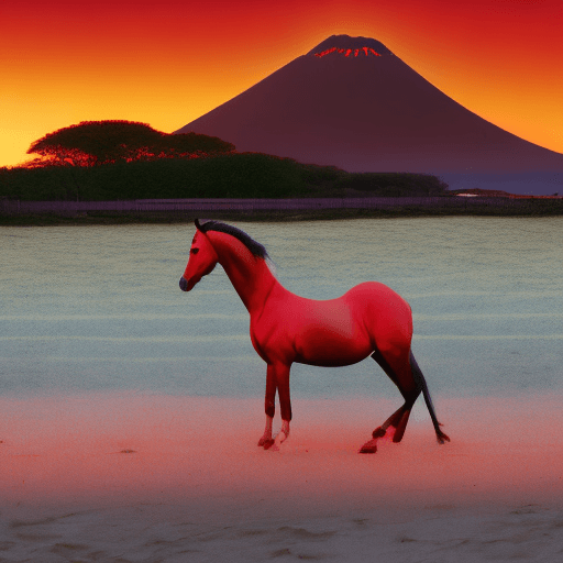 AI generated: horse in forst, near beach, volcano in background, sunrise, two red moons in background