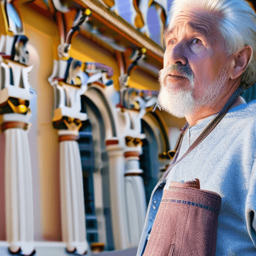 AI generated: a white hair man with goatee, tall wondering nomad, holding a camera, with discovery of the world's ...