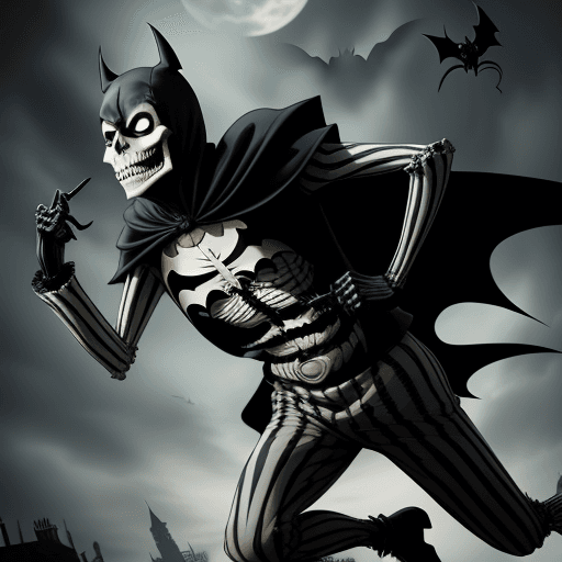 AI generated: beetle juice in batman costume is running with a skeleton in a robin costume 