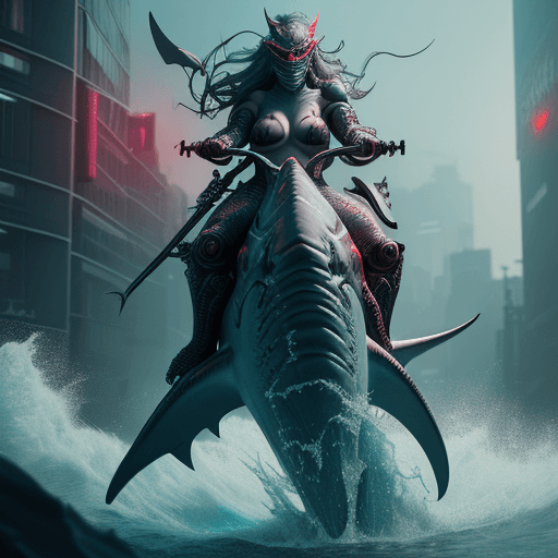 AI generated: mermaid warrior riding a shark, red eyes, mask, cyberpunk, intricate artwork . octane render, trendi...