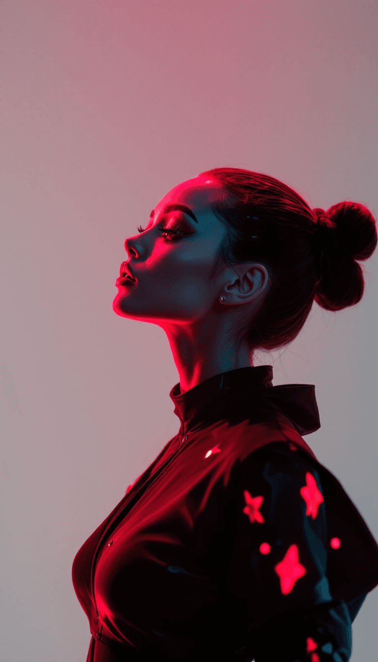 AI generated: side profile of a cute dancer with futuristic costume and makeup under a luminescent red light, shar...