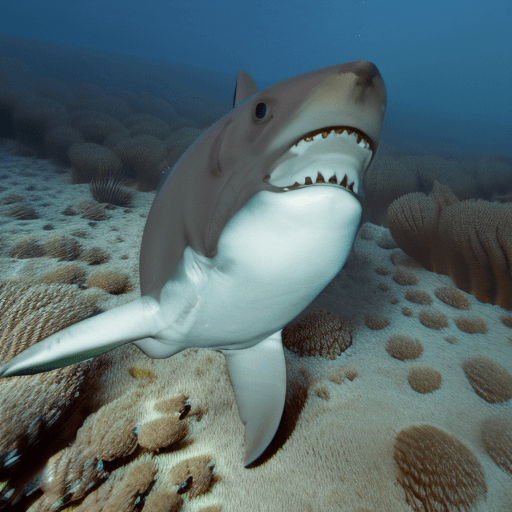 AI generated: underwater scenery and an insane realistic and dangerous wite shark opening its jaws at a camera