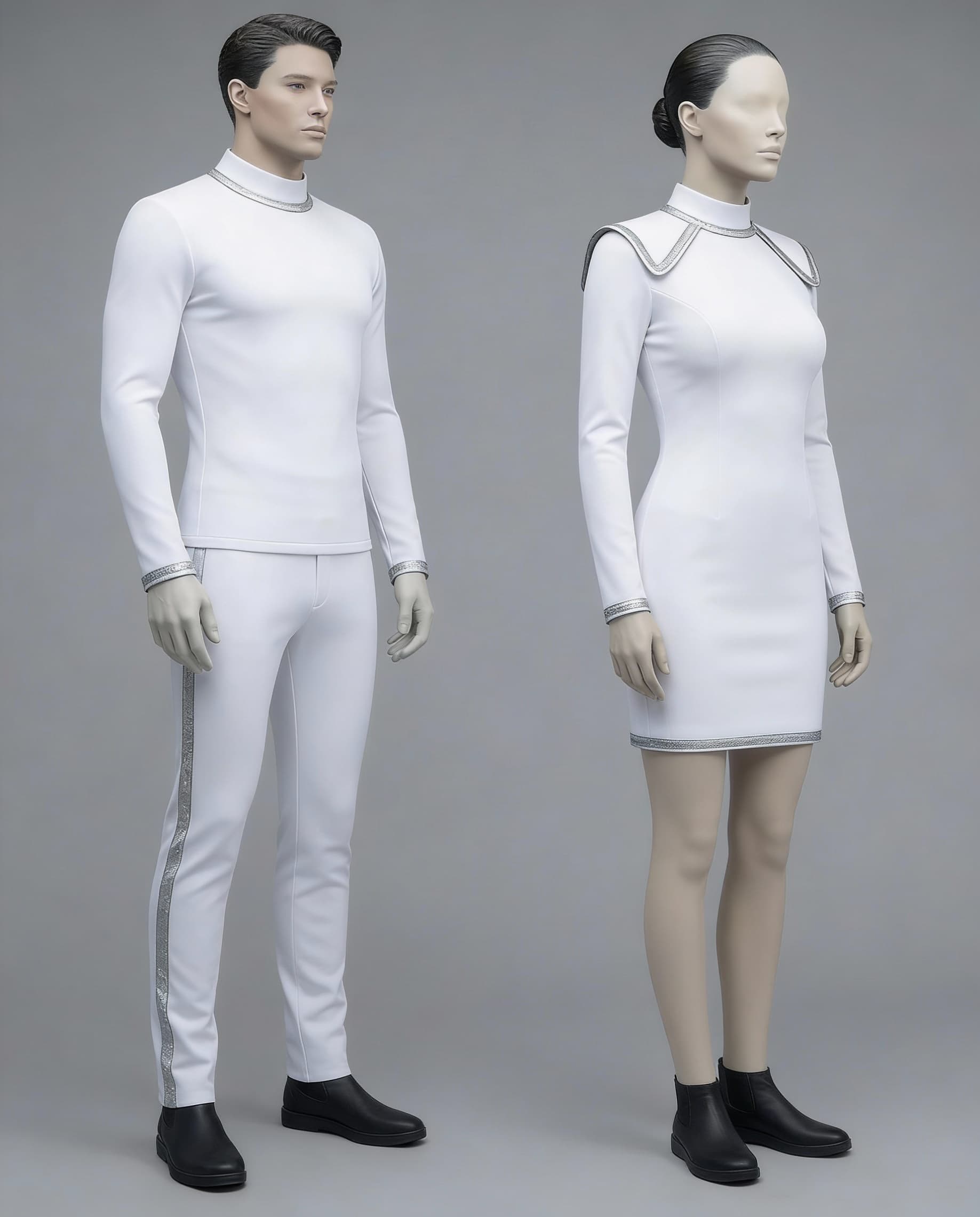 AI generated: Create a Sci-Fi uniform. Use the reference image and turn all white uniforms with silver trim. The c...