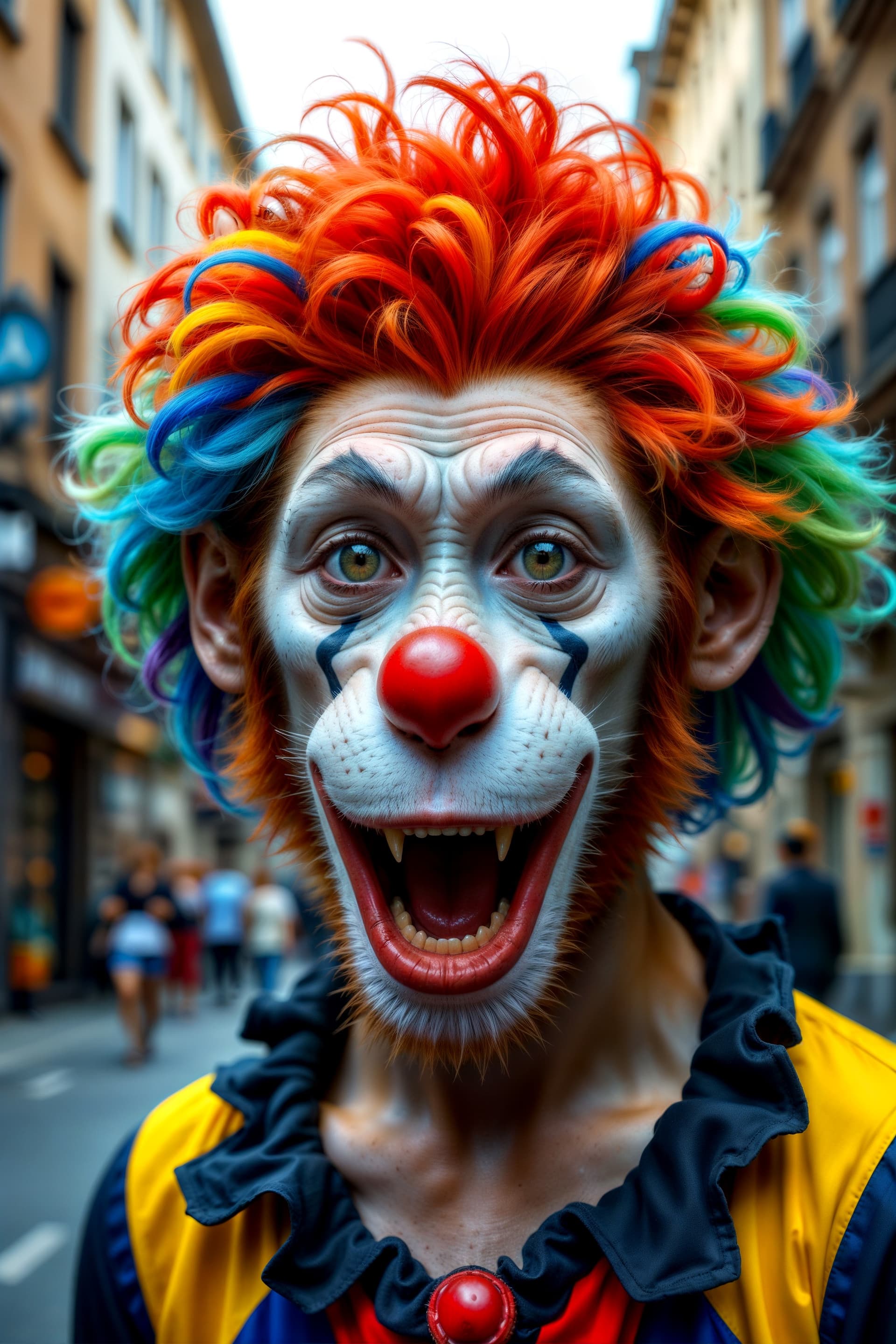 AI generated: Photo of a humanoid monkey clown in a city street, colorful and vivid, mouth open as if LOL.