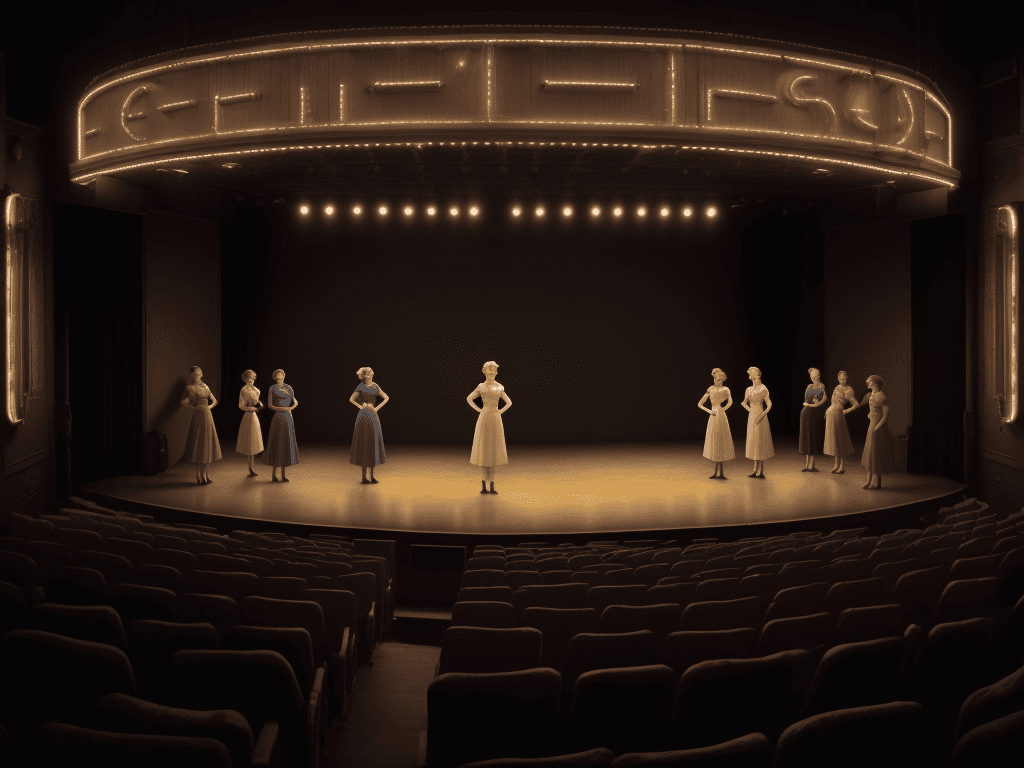 AI generated: a white sign on a small old theater stage, eight women form the 1950s standing and looking at this s...