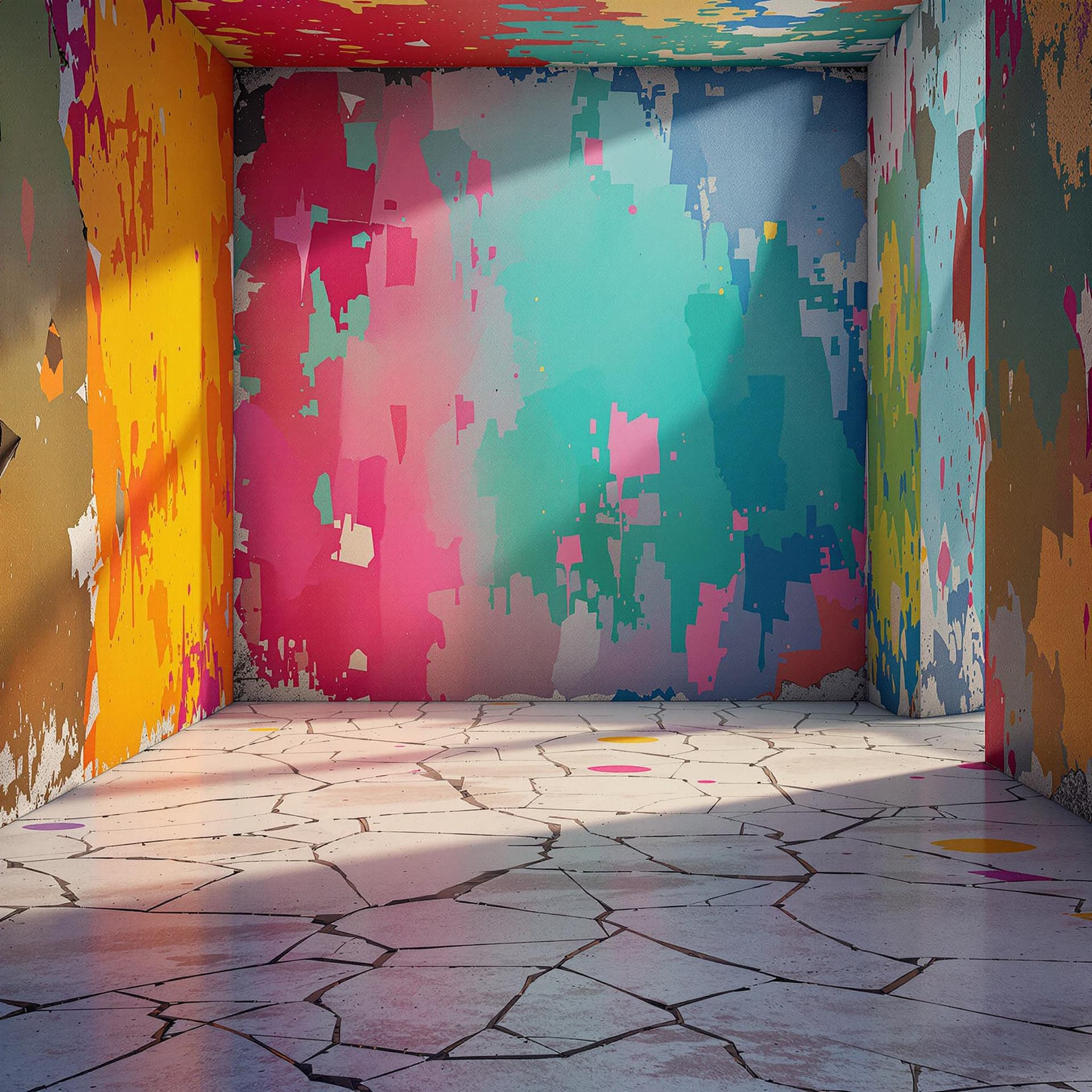 AI generated: empty colorful abstract room with 4 walls no windows, cracked floor, slight decay on the walls, real...