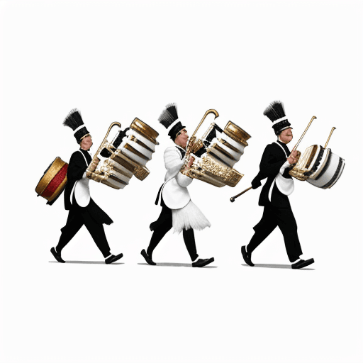 AI generated: funny carton image a group of Turkeys carrying various musical instruments carry out parades, white ...