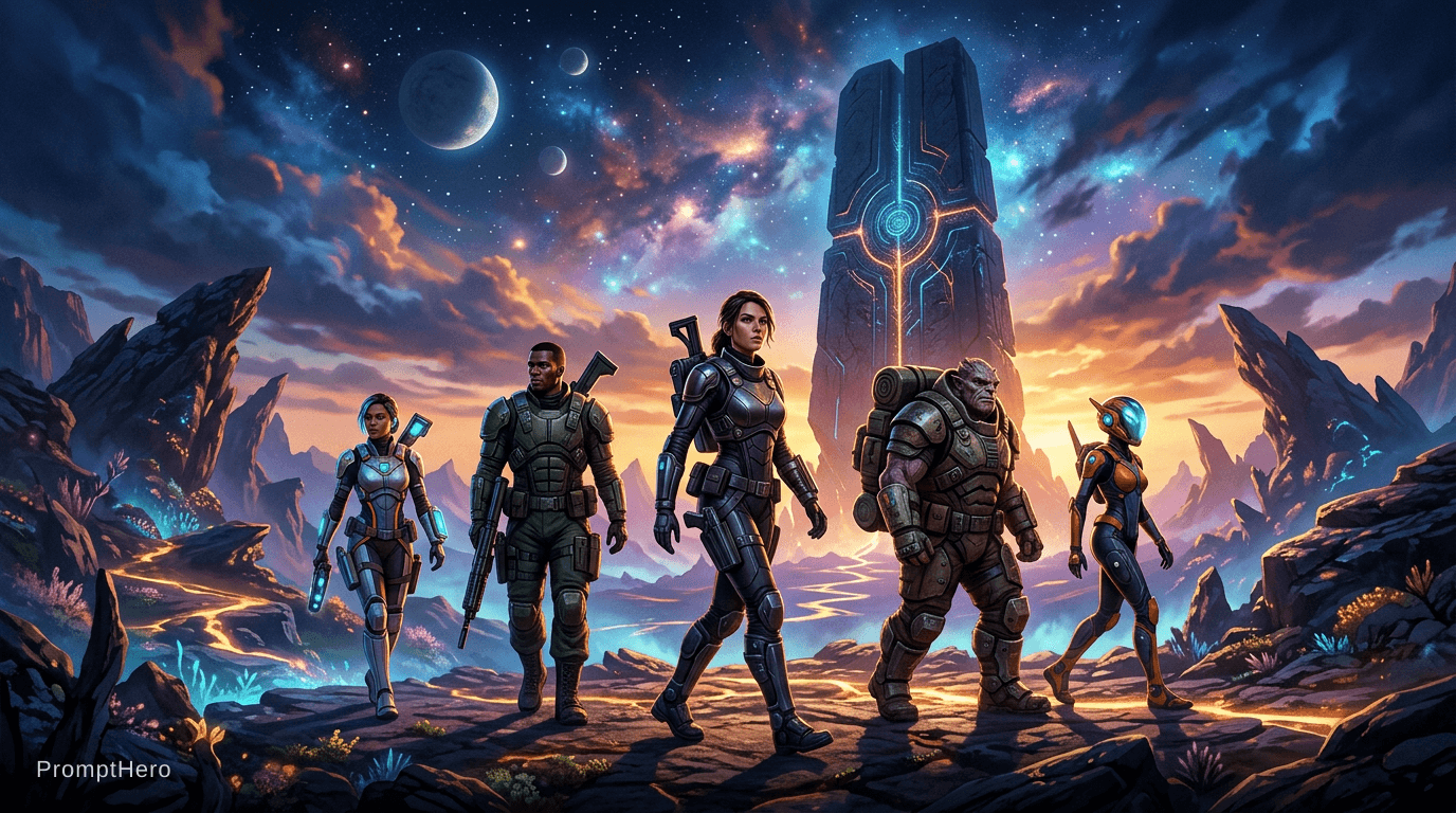 AI generated: a 2560x1440 wallpaper. Expedition 33 game theme. Five main characters from front, monolith in backgr...