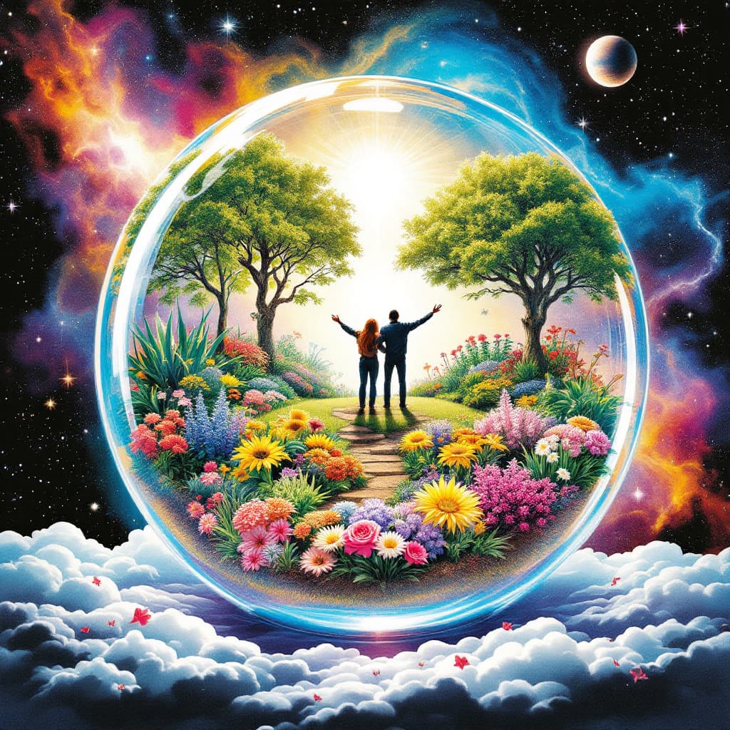 AI generated: An illustration of an album cover for the group Pet Shop Boys, featuring a heavenly garden enclosed ...