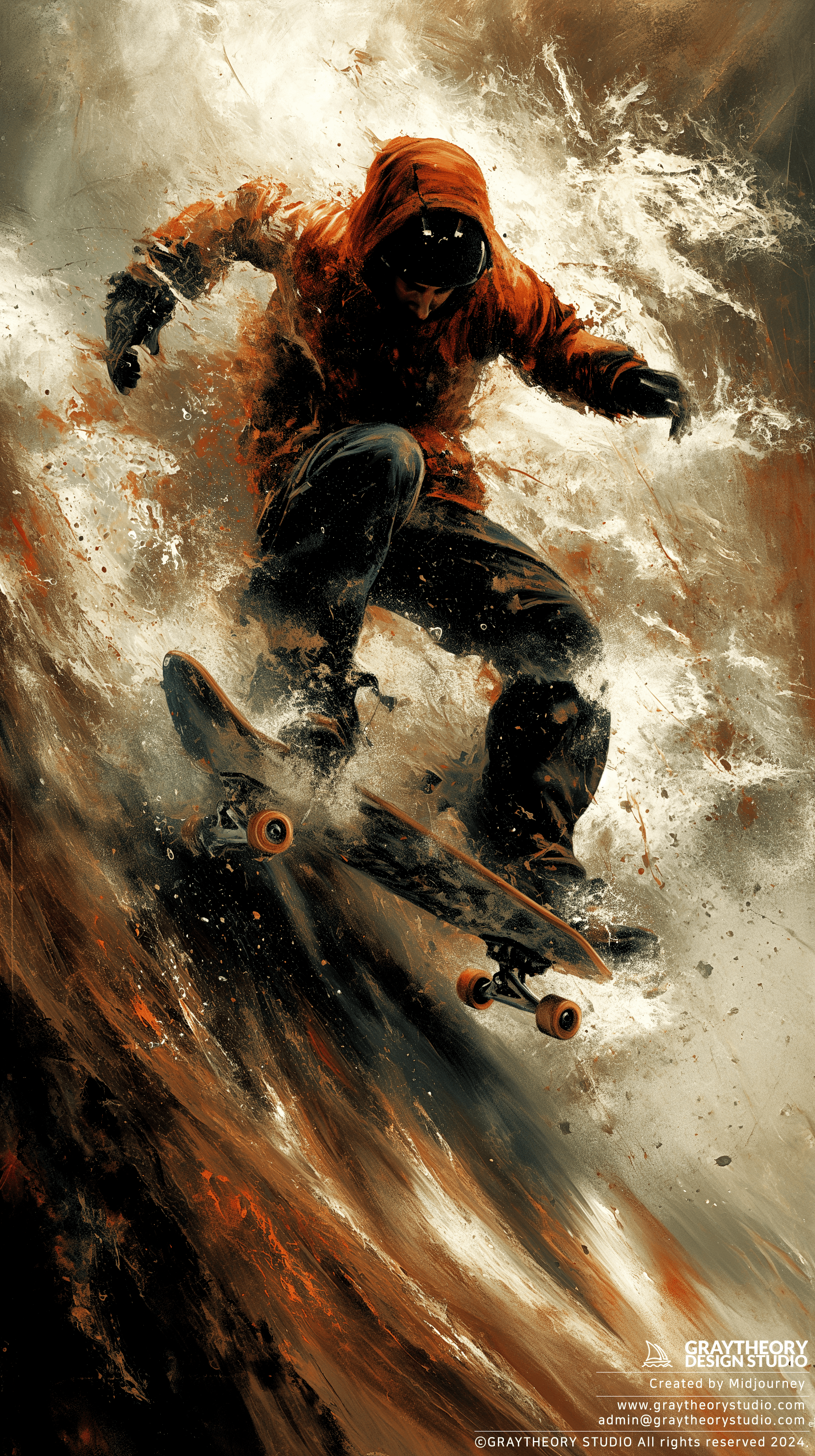 AI generated: artistic, rough painting art, extreme skate boarder, strong and rough brushed, fluttering dust, prof...