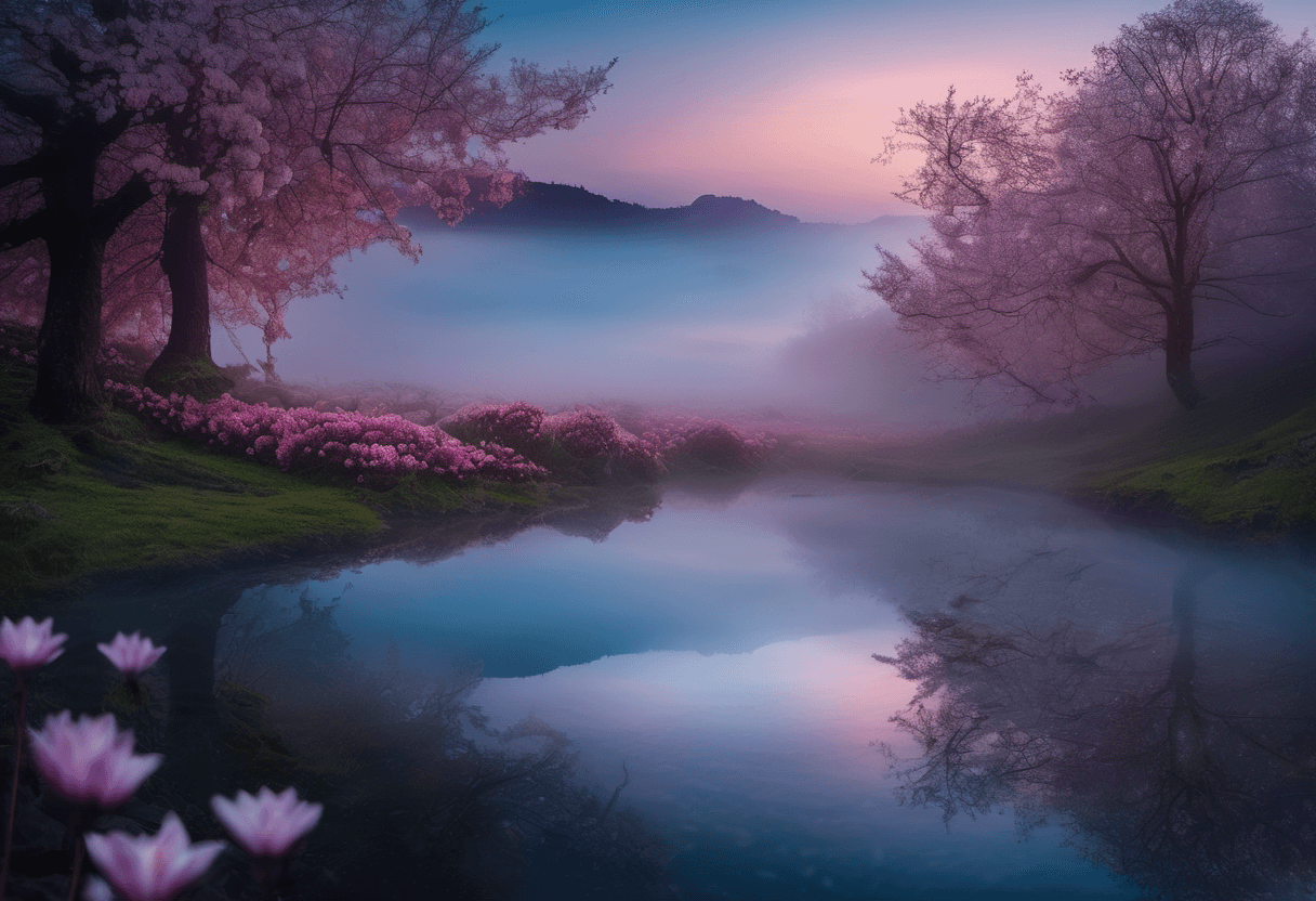 AI generated: Technopunk, cinematic, landscape of a mystical blossoming landscape with mist, at Blue hour, Magic R...