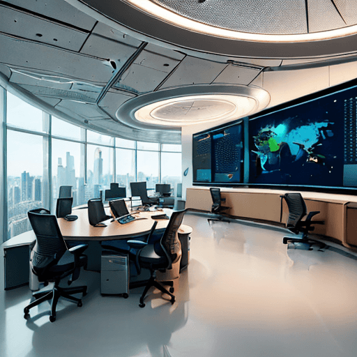 AI generated: High-resolution, futuristic office environment with a warm, humanized atmosphere. The space is fille...