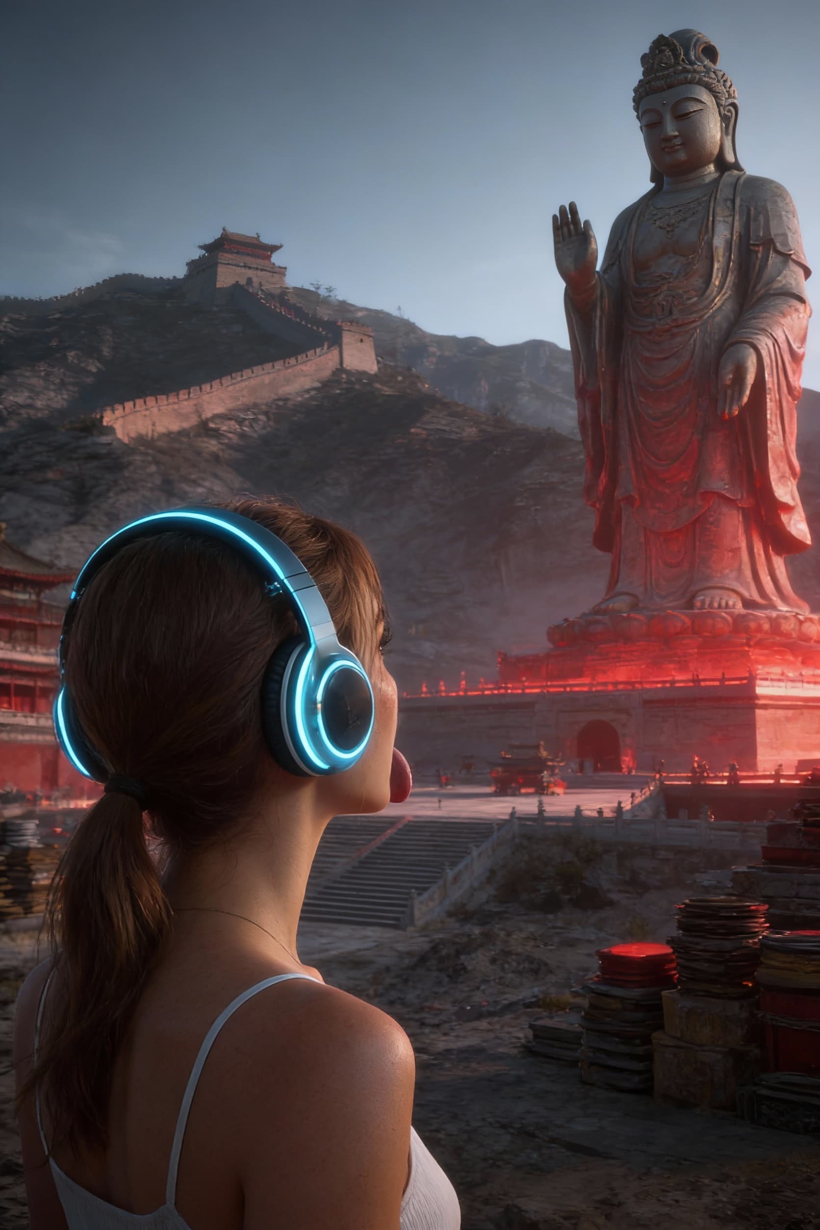 AI generated: a large statue with a woman looking at it, in the style of unreal engine 5, northern china's terrain...