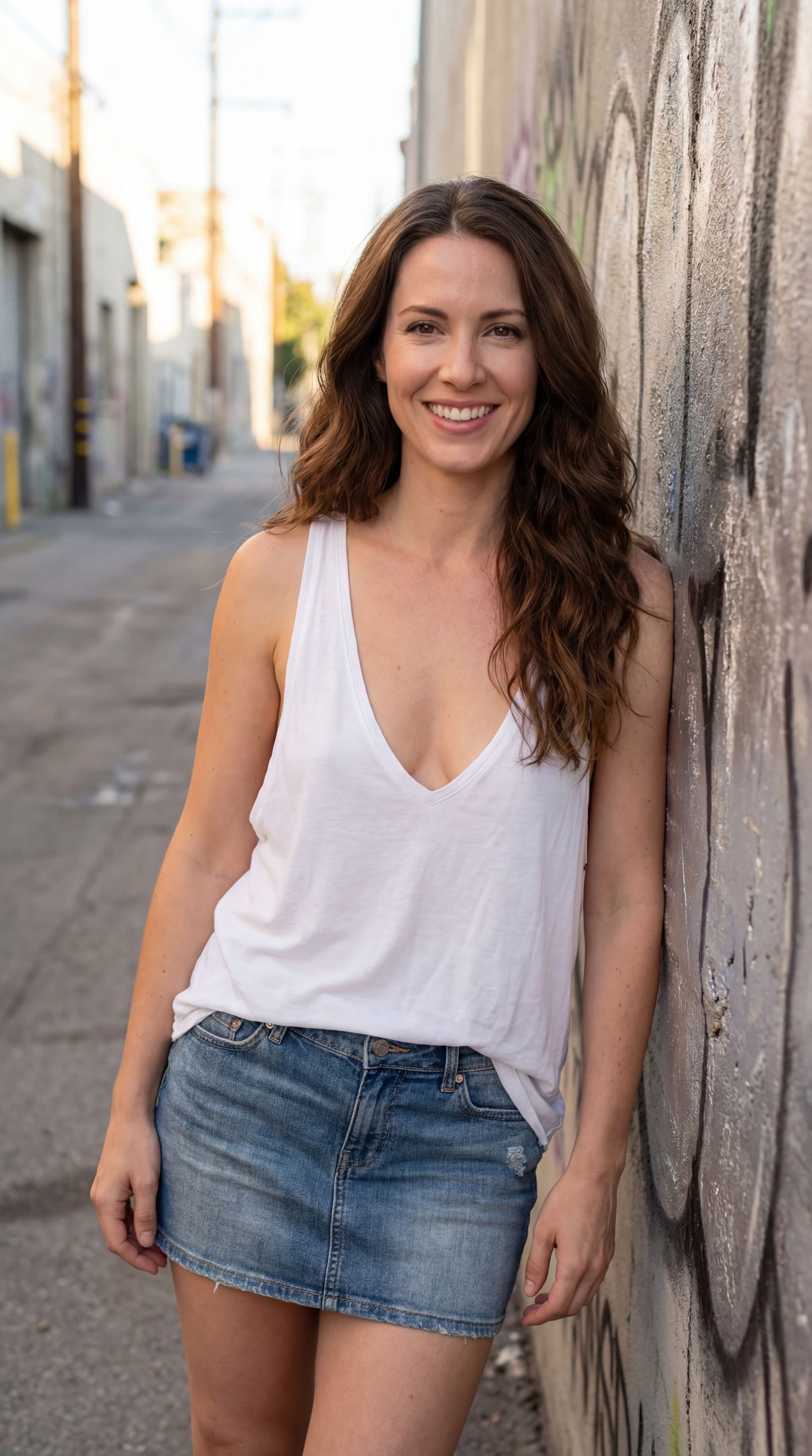 AI generated: A woman with long brunette hair and fair skin is captured in a candid moment. She's wearing a very l...