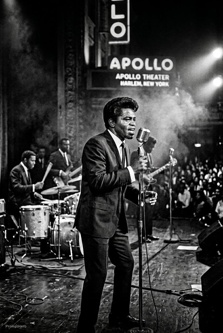 AI generated: James brown standing on stage at Apollo Theater in 1960 with his musicians in background., side ligh...