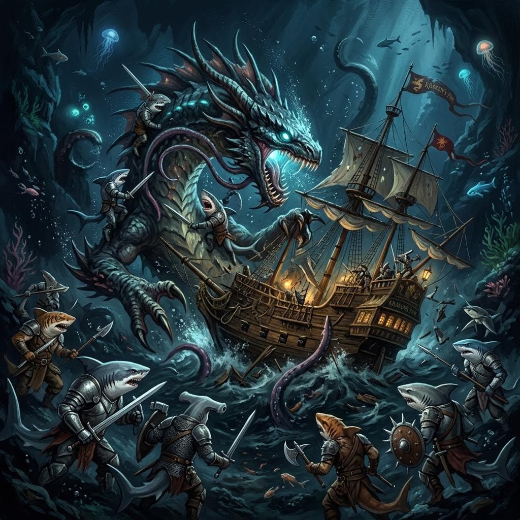 AI generated: a large group of different types of anthropomorphic sharks fighting a giant leviathan as it tries to...