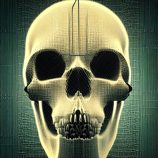 AI generated: dna vector artwork of a cyberpunk skull, connected to thick metal cables all around, in the style of...