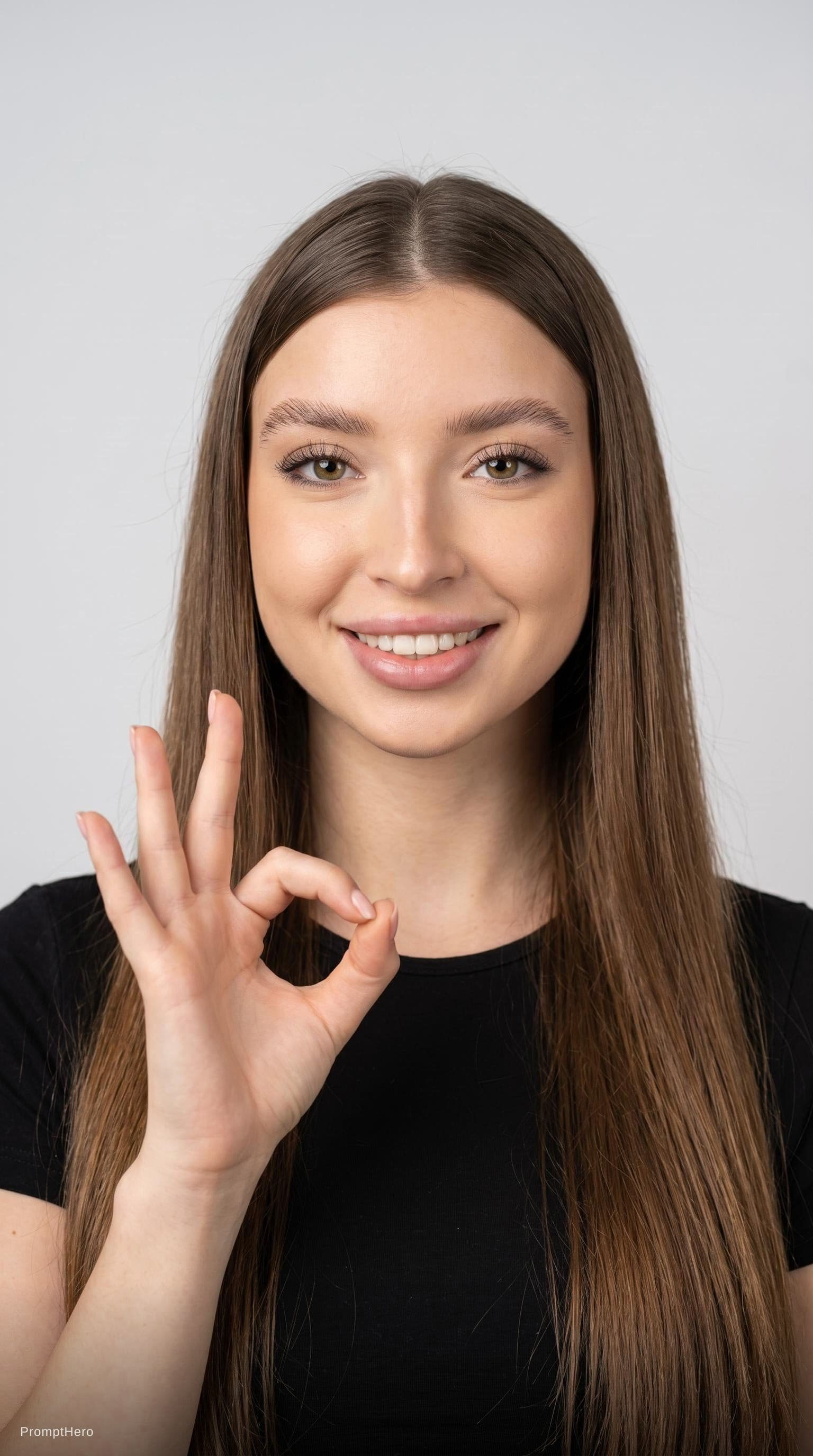 AI generated: young woman, studio portrait, front-facing pose with slight body angle, relaxed shoulders, slight he...