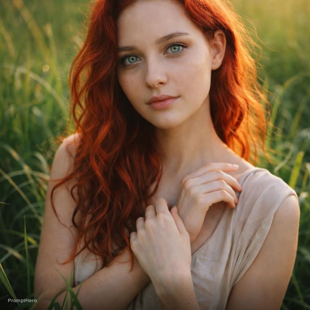 AI generated: A photorealistic portrait of a woman with vibrant, fiery red, wavy hair, seated in a field of tall g...