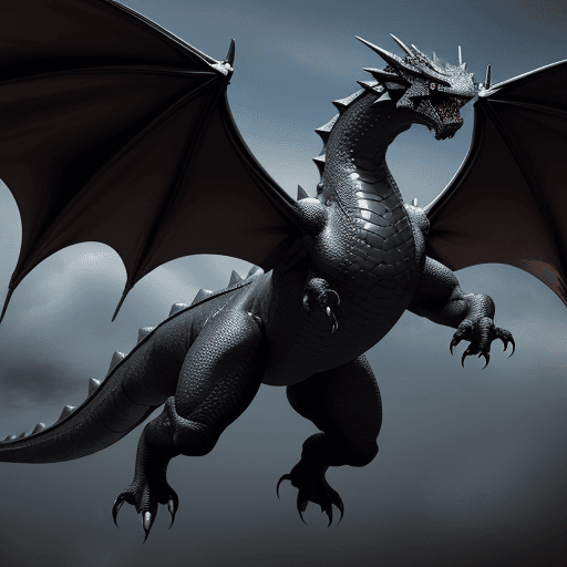 AI generated: Big black dragon, flying, friendly, closed mouth, photorealistic