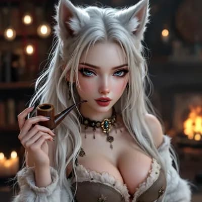AI generated video: Blowing smoke. Wolf ears move, twitch and swivel. 