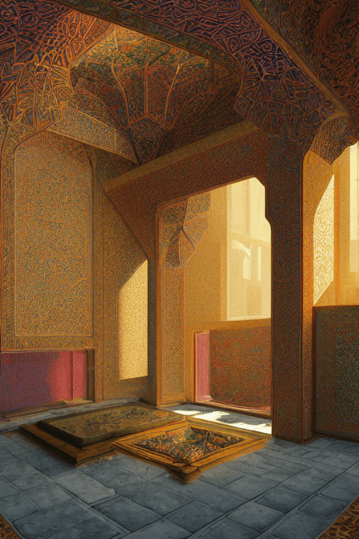 AI generated: colorful Persian architecture, Temple volume atrium overlooking a ethereal zen garden , Sunlight fro...
