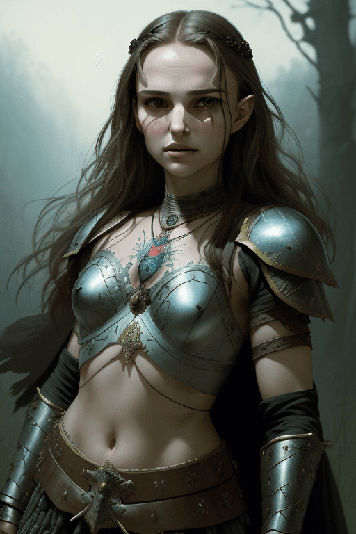 AI generated: young natalie portman, legendary warrior, fighter, lord of the rings, tattoos, decorative ornaments,...