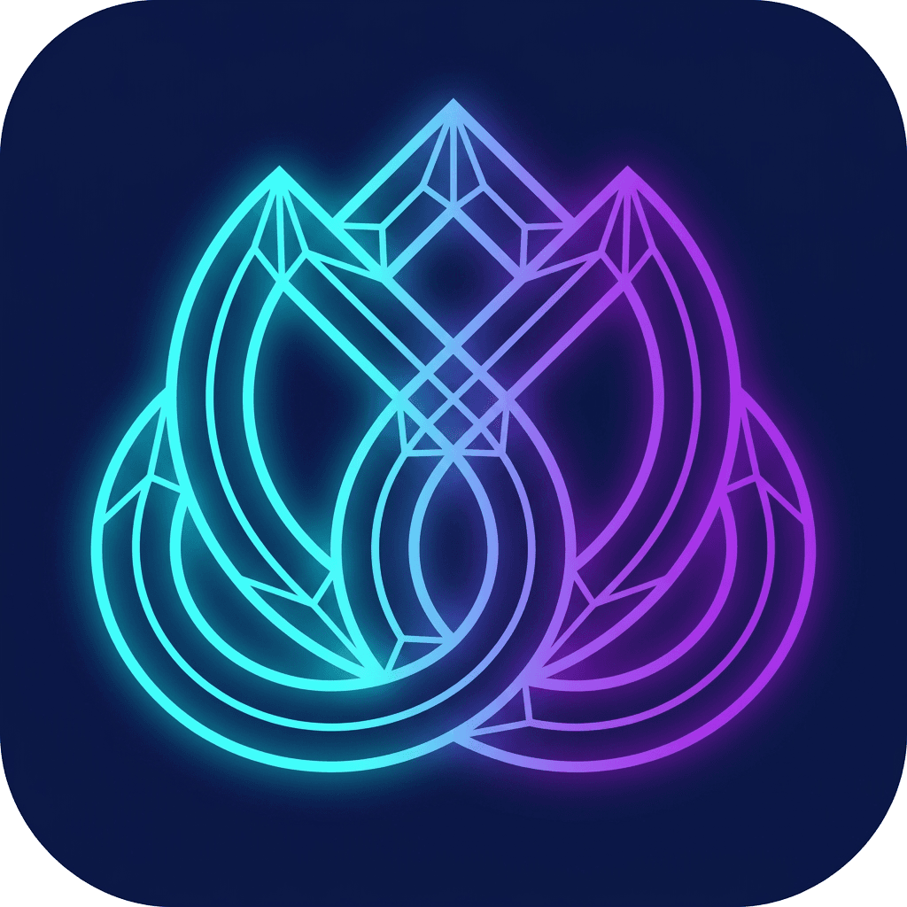 AI generated: "Savitri blockchain app icon, minimalist logo, glowing  cyan/purple neon on dark navy background, cr...