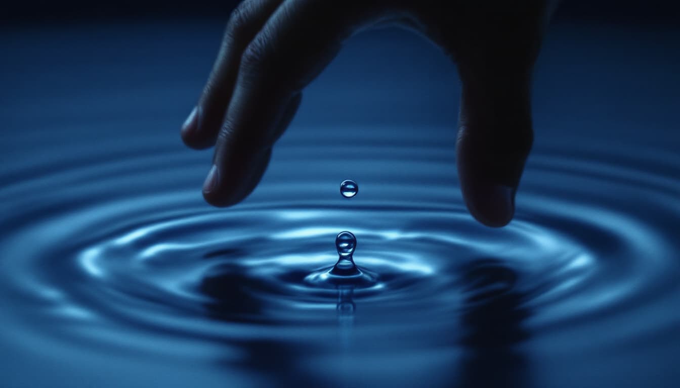 AI generated: Close Shot: His hand touches the surface, rippling it like water. His face softens. Sound: Ripple ef...