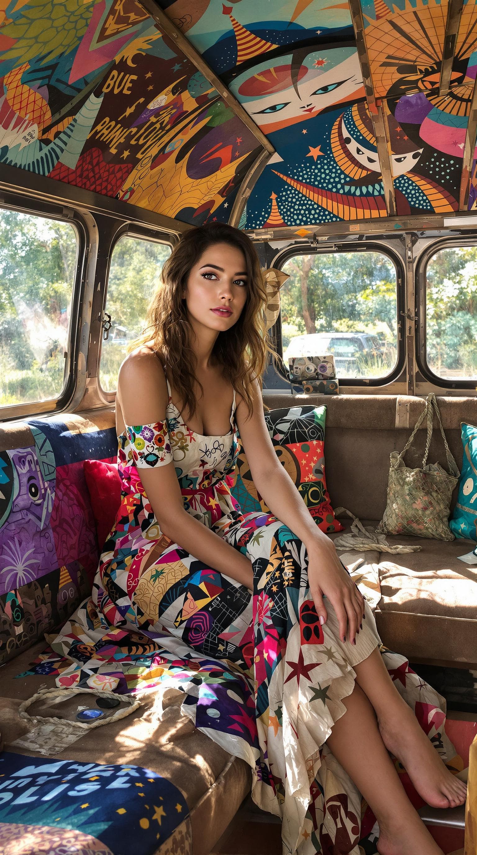 AI generated: (Realistic portrait:1.9) Inside a vintage, worn-out campervan (hand-painted with vibrant murals and ...