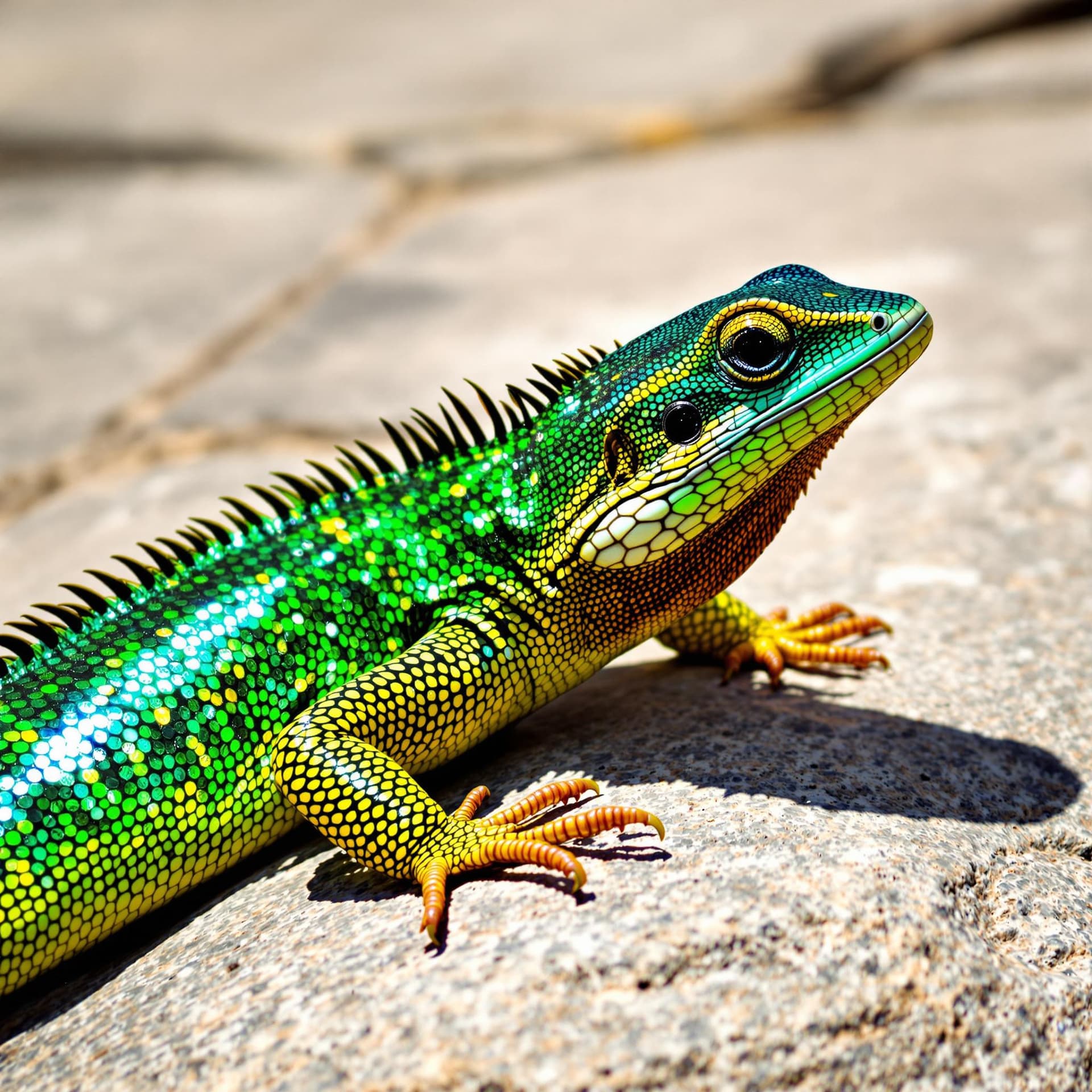 AI generated: A sun-soaked lizard basks on a warm stone, its shimmering scales catching the light. The vibrant hue...