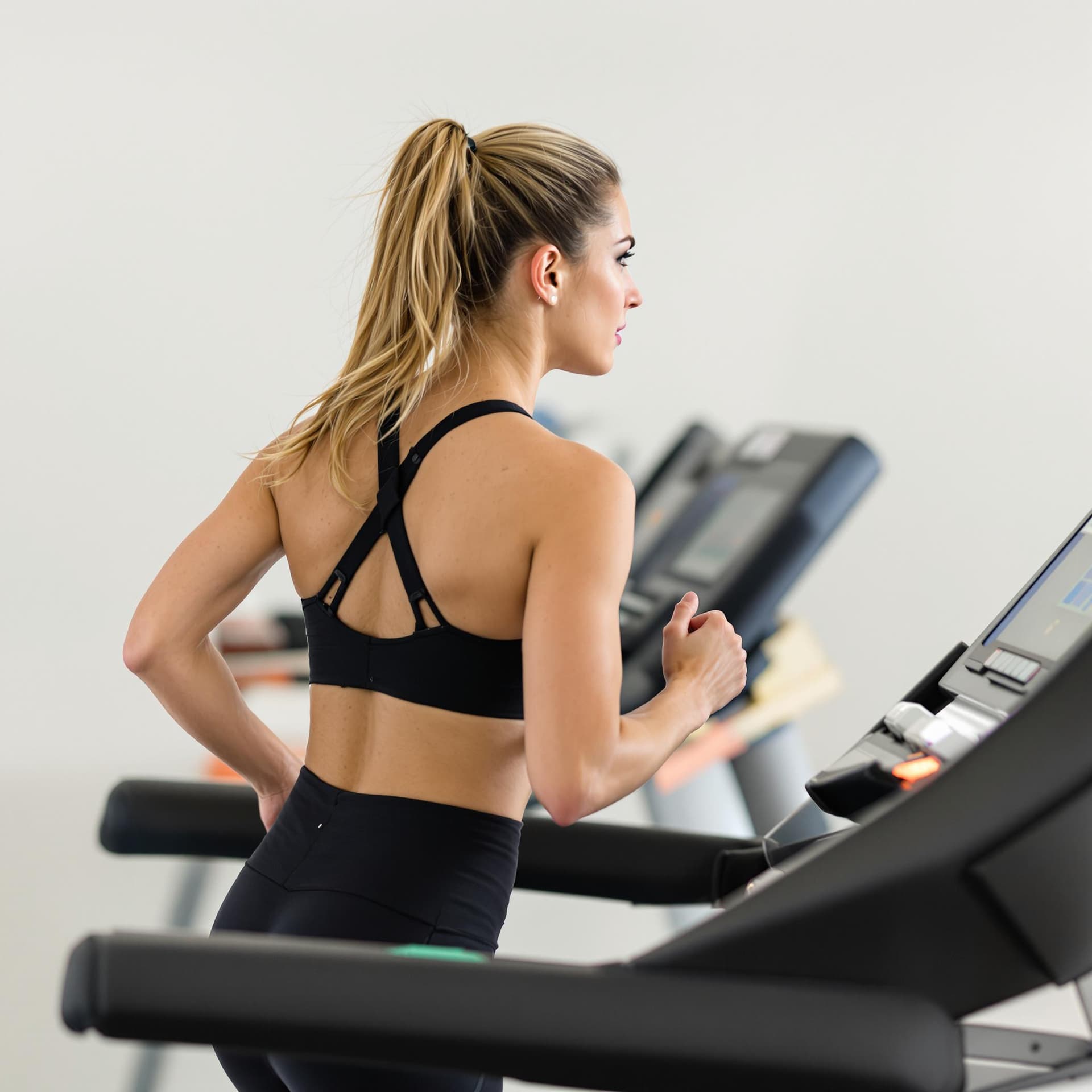 AI generated: A woman is running on a treadmill. She is wearing a black sports bra and her hair is pulled back in ...