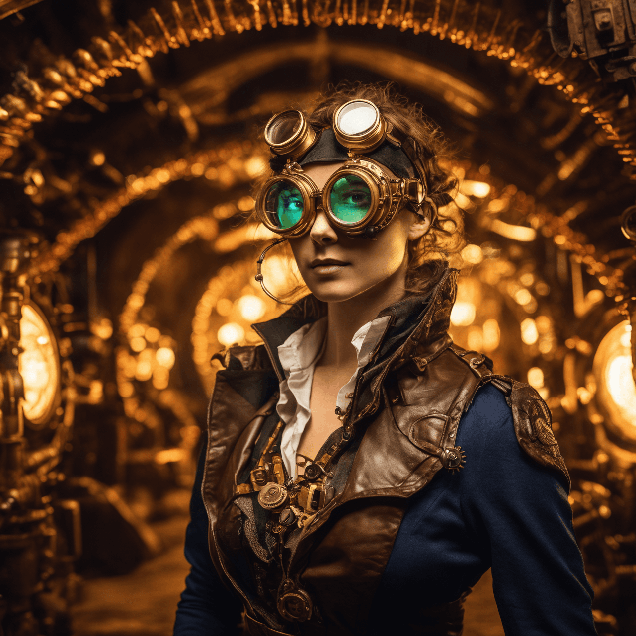 AI generated: An audacious 32-year-old steampunk explorer, adorned with brass goggles and intricate mechanical acc...