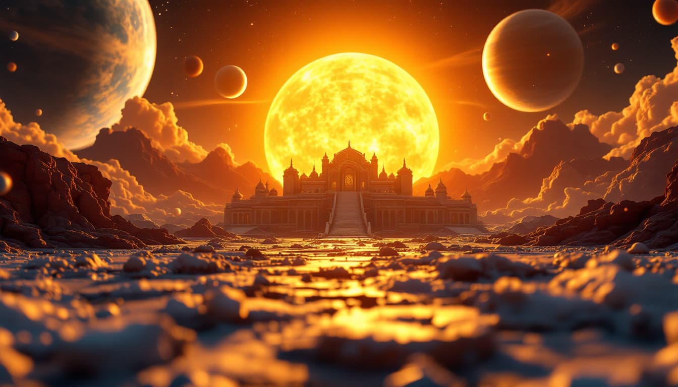 AI generated: mixpnk style, sun surrounded by planets, tilt shift, maquette, photorealistic, perfect accurate pers...