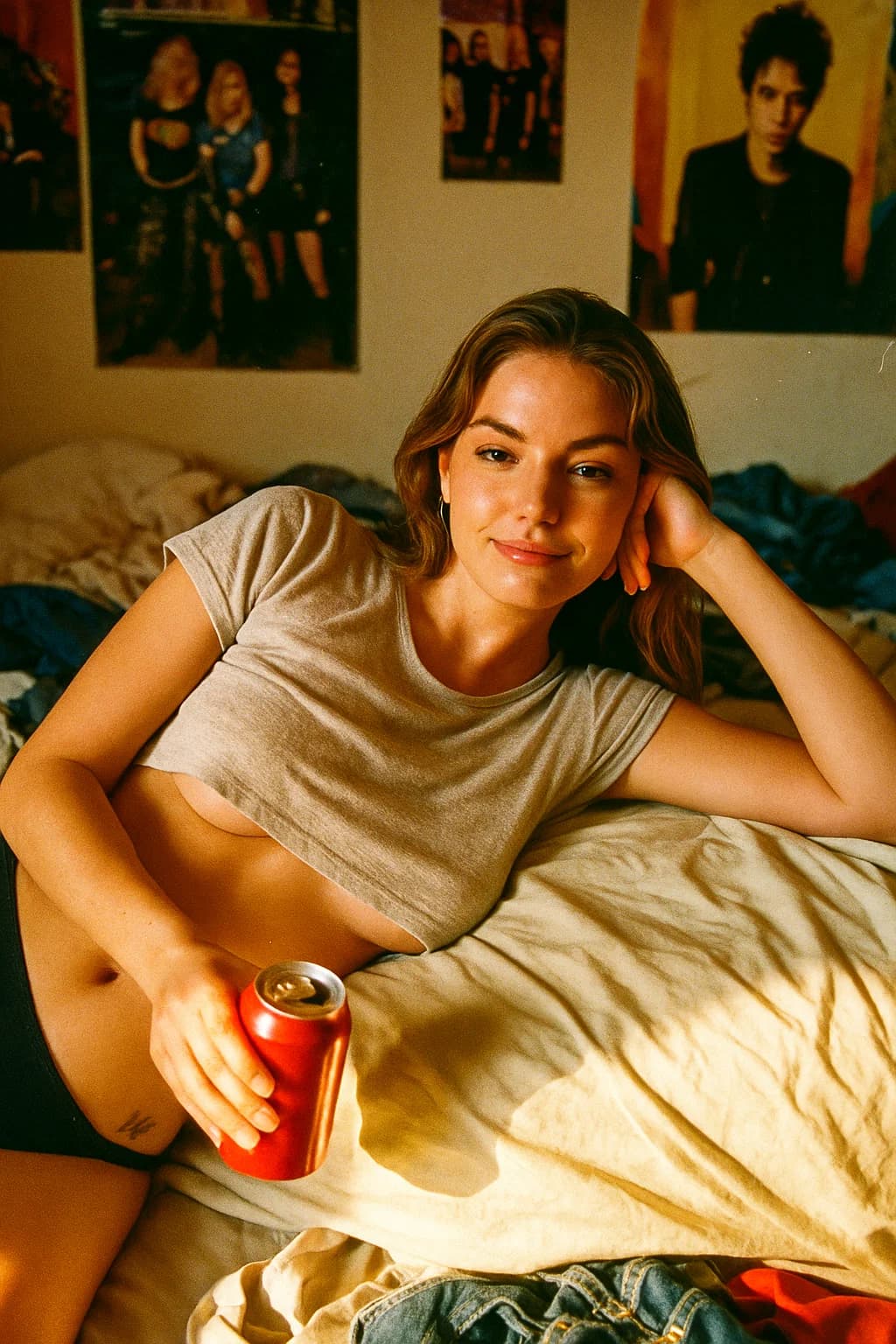 AI generated: Grungy early-2000s lo-fi disposable flash snapshot in a messy bedroom with posters and scattered clo...
