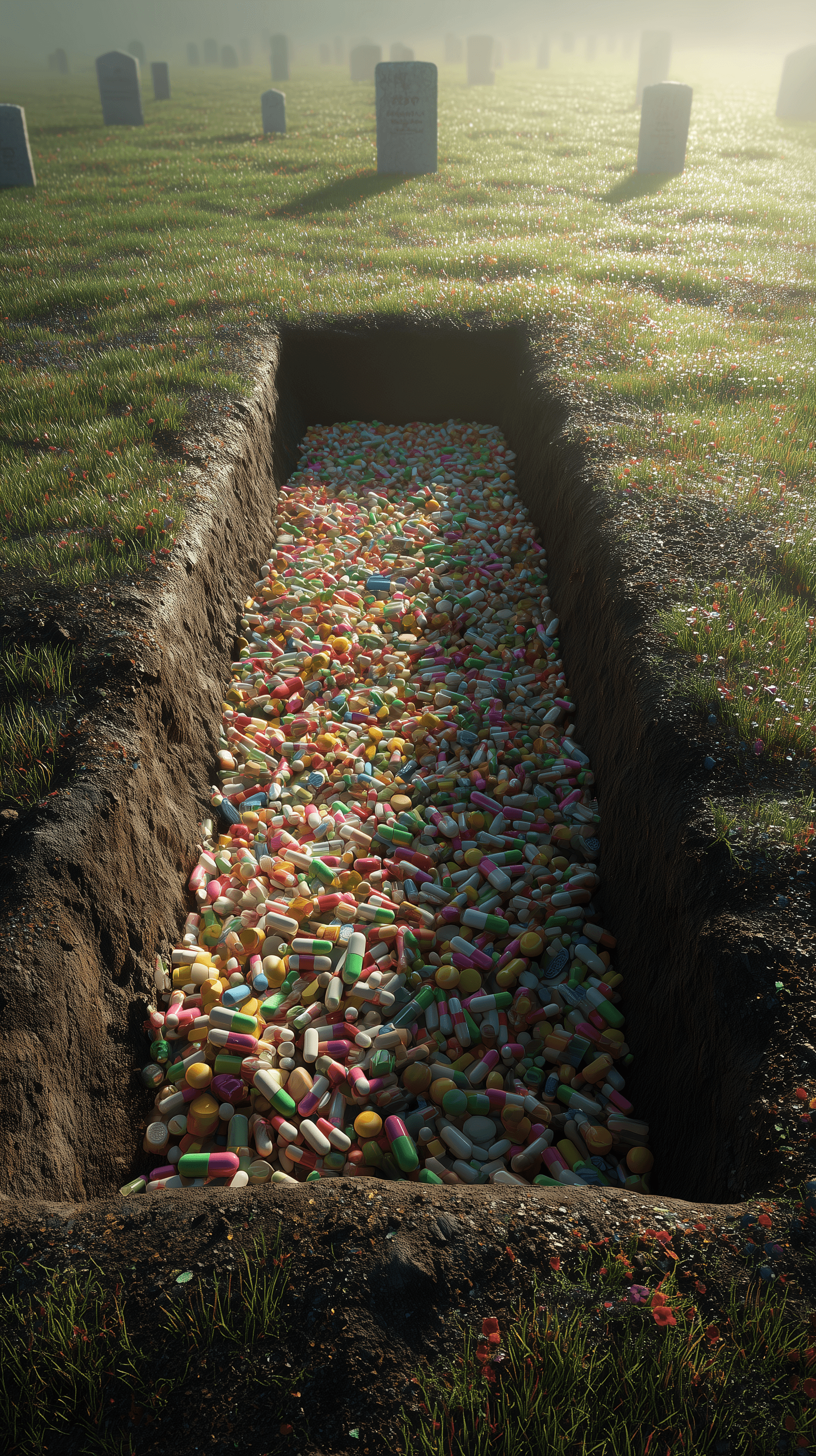 AI generated: photorealistic, aerial view, freshly dug rectangular grave densely filled with multicolored pills ca...