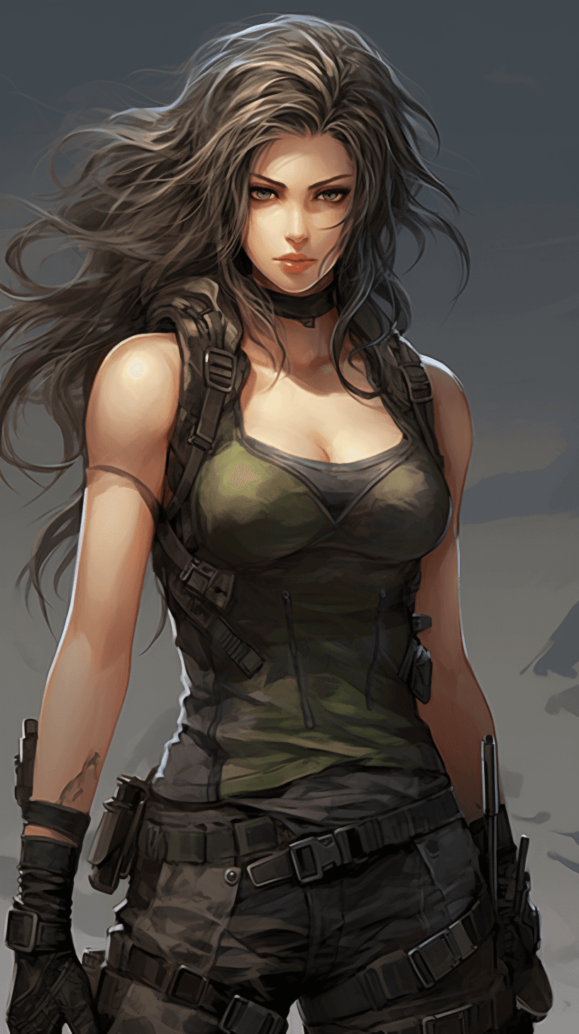 AI generated: game 2d art, image of Phoebe Tonkin as a apocalyptic marine, green eyes, black tank top, anime, dyna...