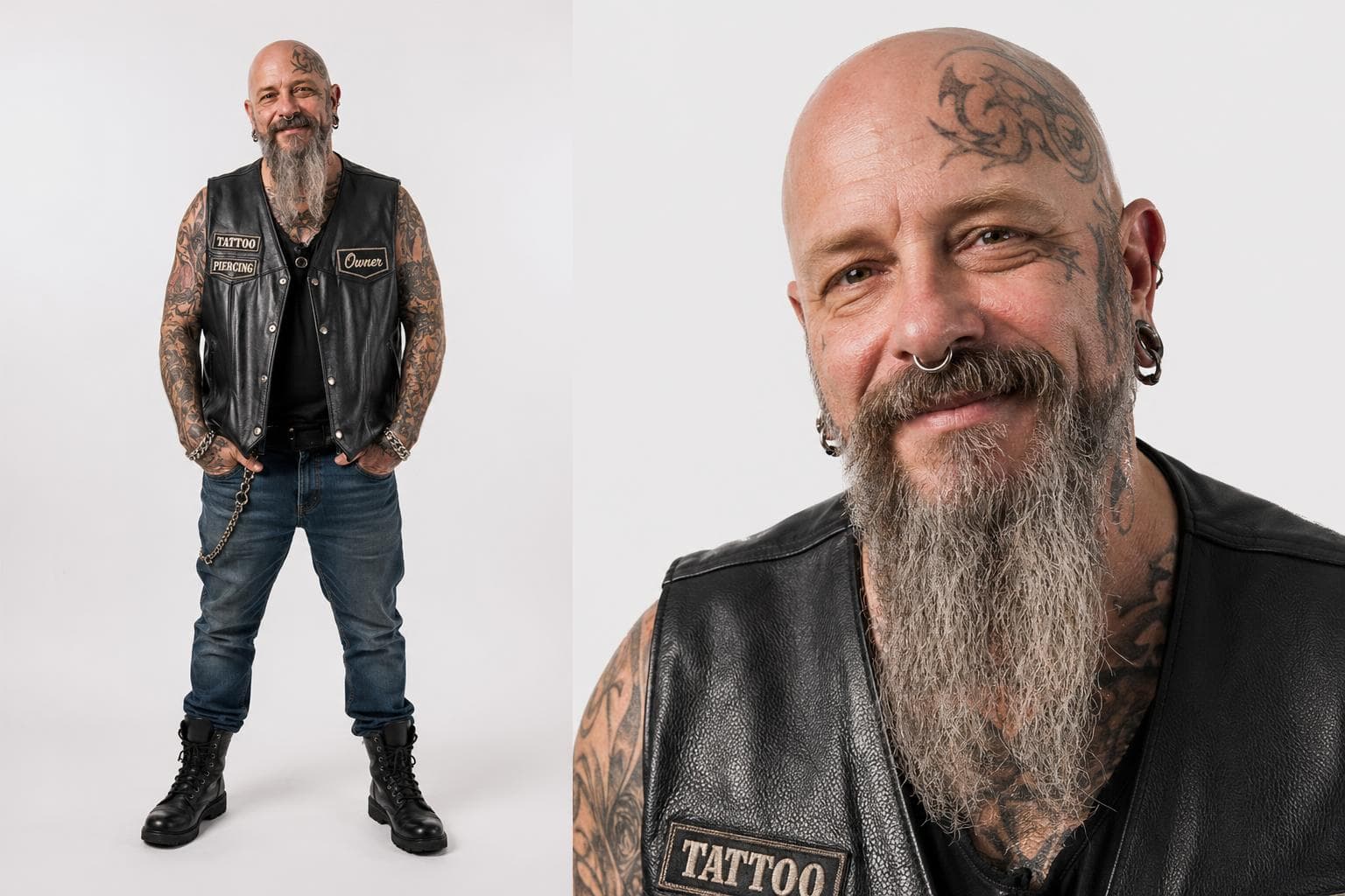 AI generated: create me the owner of an American tattoo-piercing shop, with a leather vest, jeans, combat boots, c...