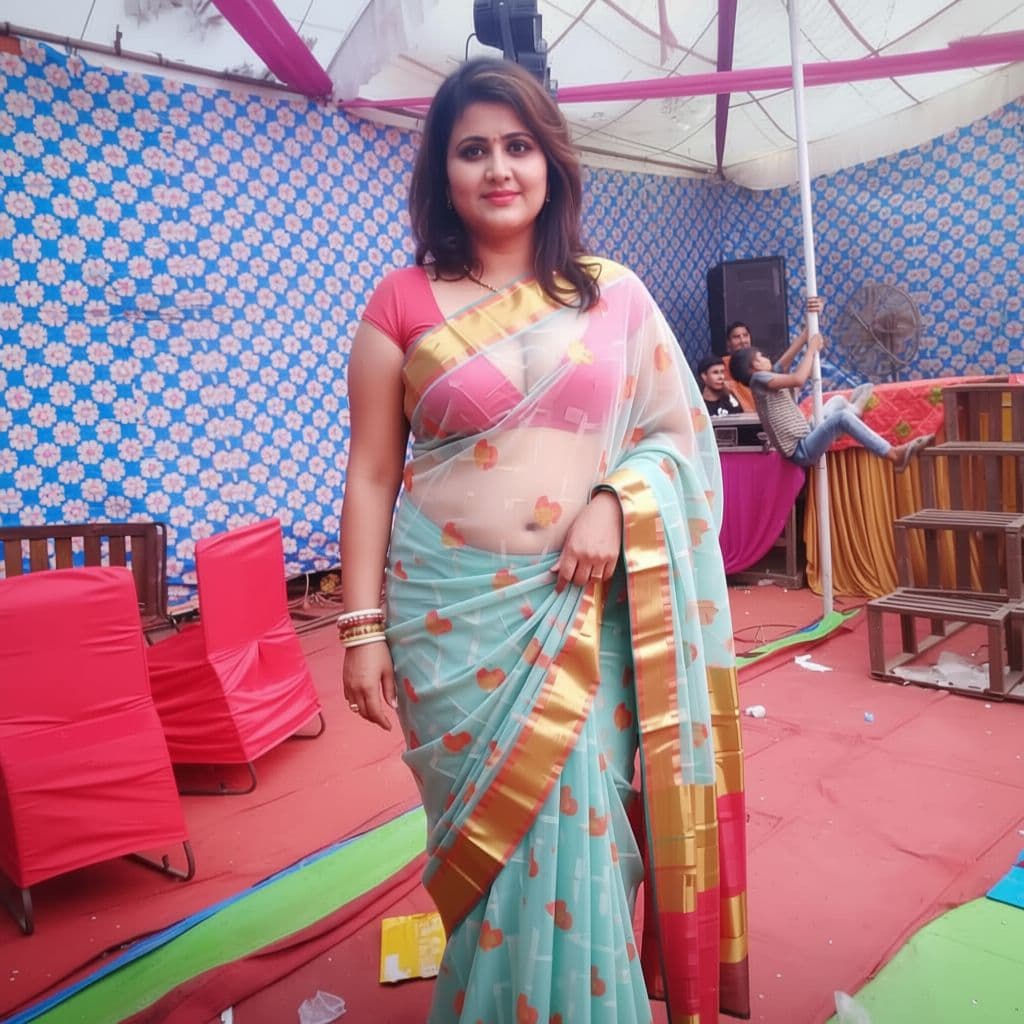 AI generated: Desi aunty full body with transparent  saree
note : open navel ,drop saree ,only bra , big chest ,cu...