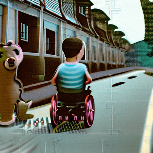 AI generated: A young thai girl in wheel chair and her old bear doll, on the rural road , war colab building,  rea...