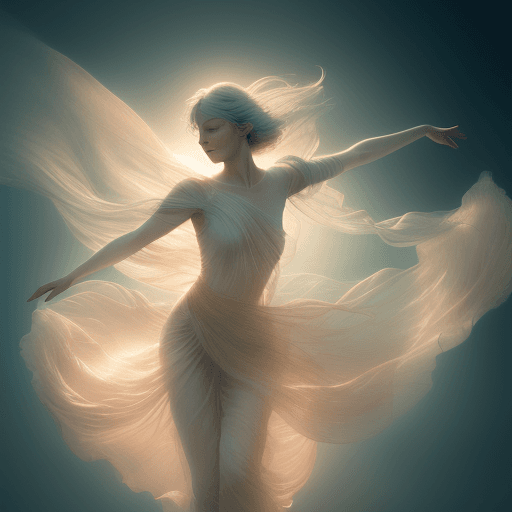AI generated: In a surreal dance of delicate movement, the ethereal beauty is captured in this portrait of a midai...