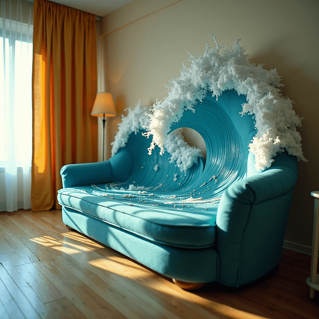 AI generated: indoor of a studio apartment featuring an (ocean wave,surf wave)((unusual impossible designed couch ...
