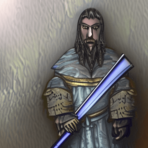 AI generated: create a picture of a elemental sword with a guardian on a tall snowy mountain. The guardian should ...