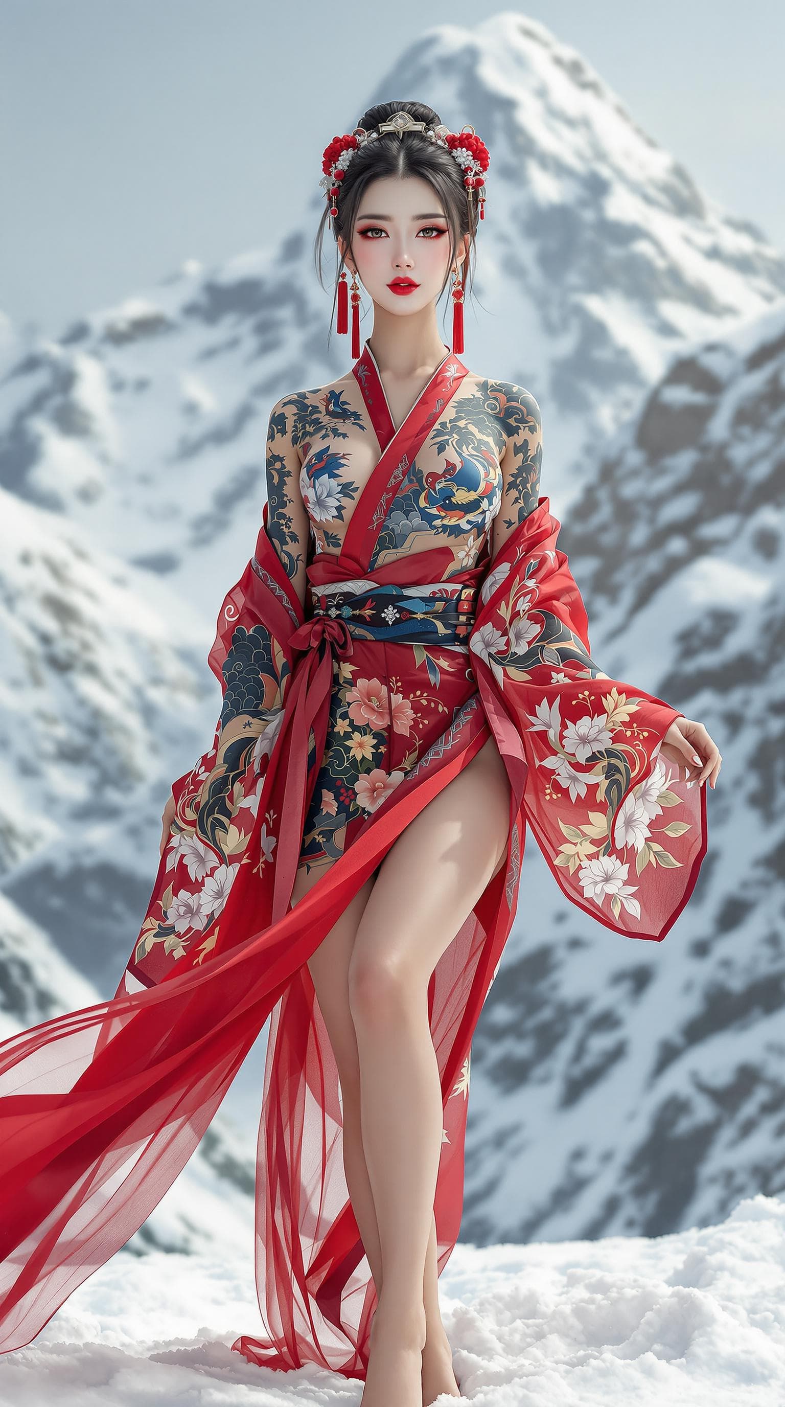 AI generated: Full body view of  a stunning portrait of an elegant Asian woman, with a snow-covered mountain in th...